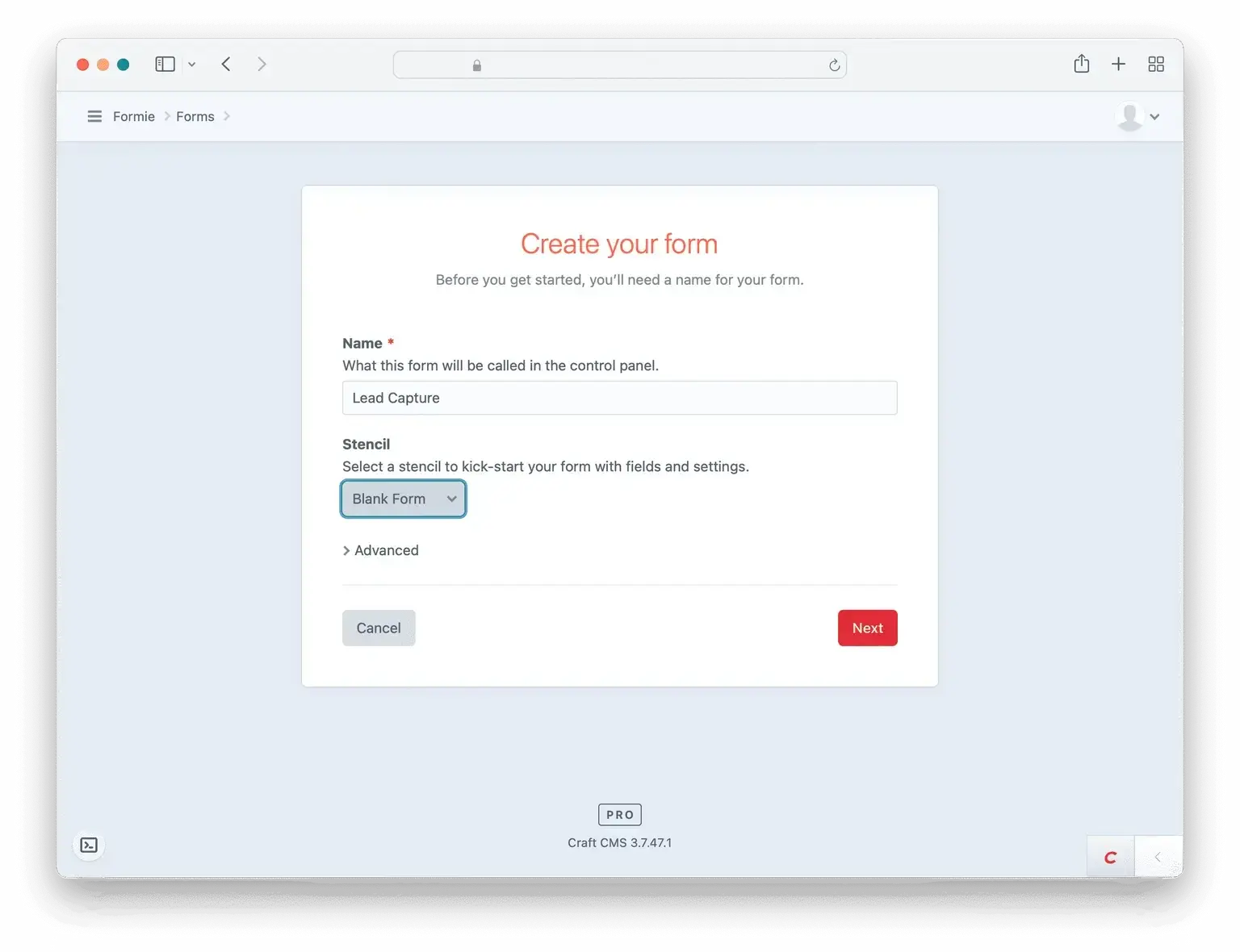 Screenshot showing Formie 'create your form' step
