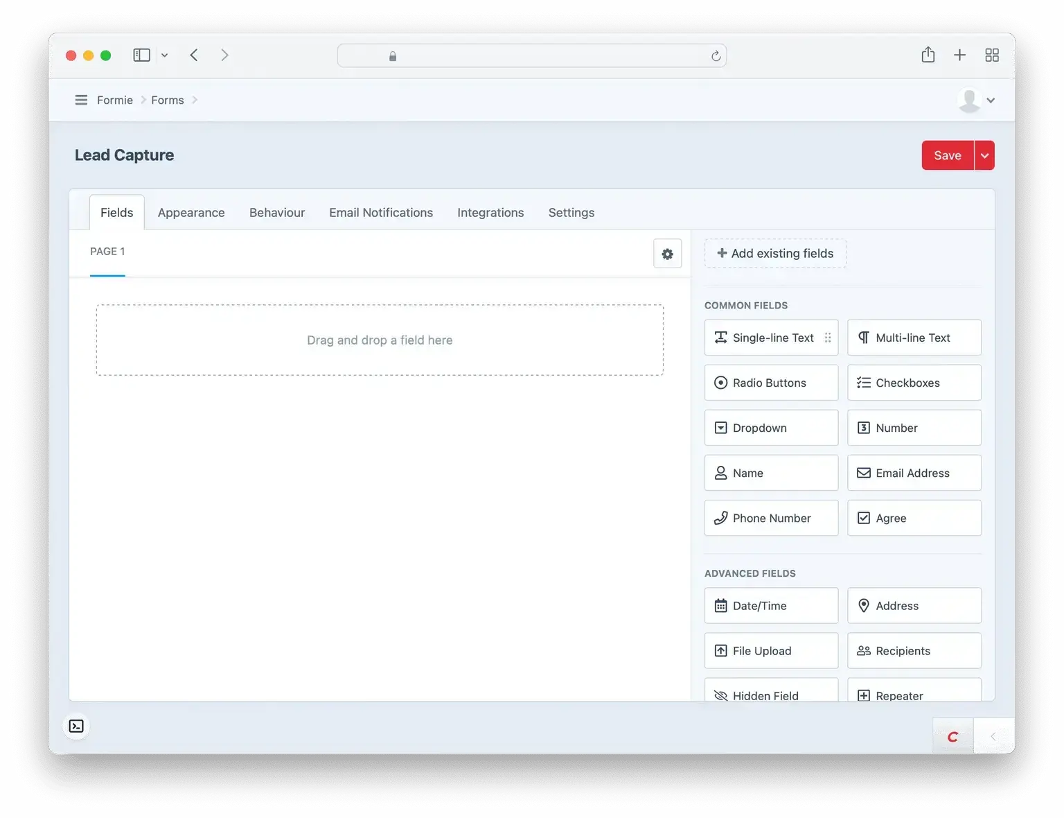Screenshot showing adding fields within Formie