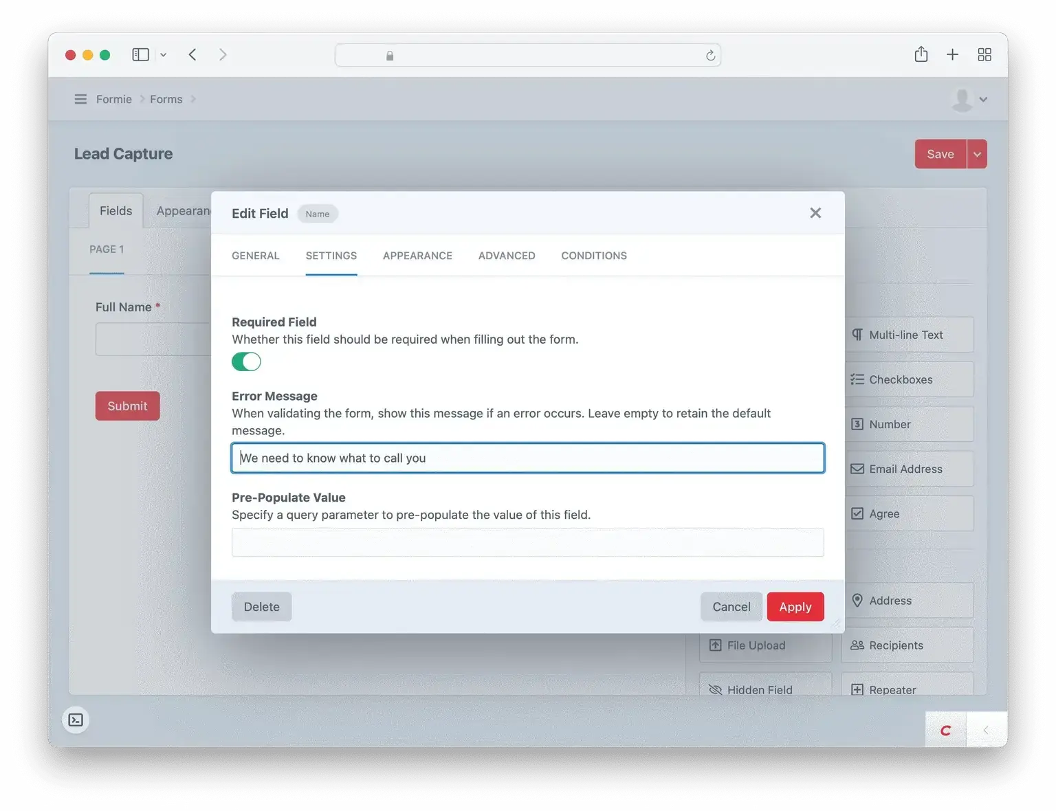 Screenshot showing editing field settings within Formie