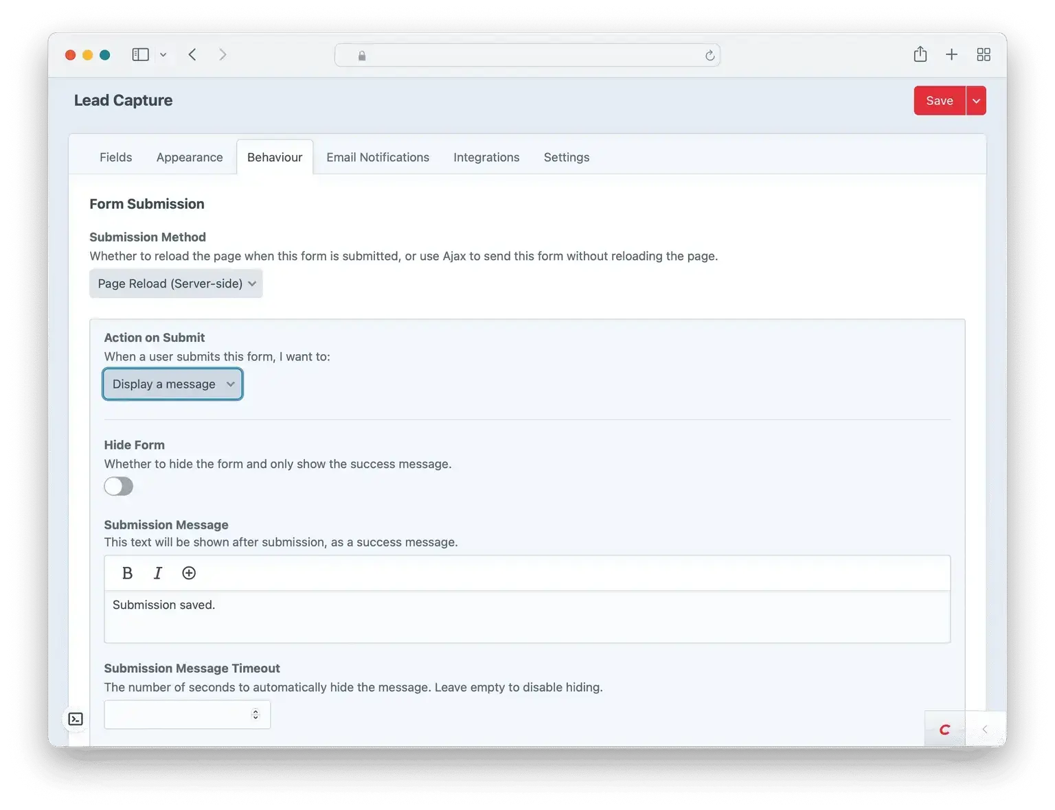 Screenshot showing Formie form behaviour settings