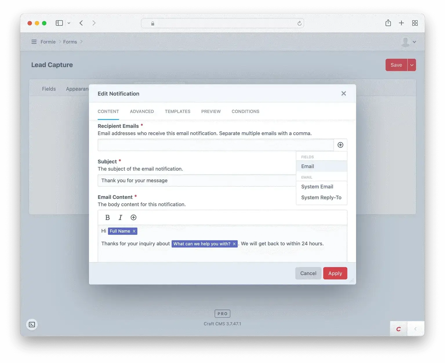 Screenshot showing Formie email notification settings