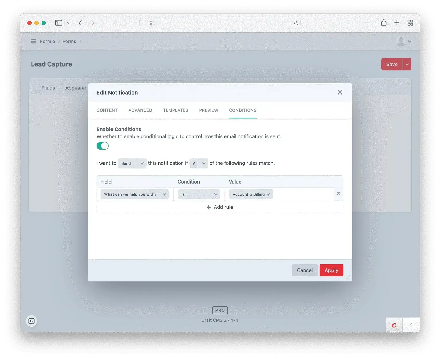 Screenshot showing how to add conditions to Formie email notifications