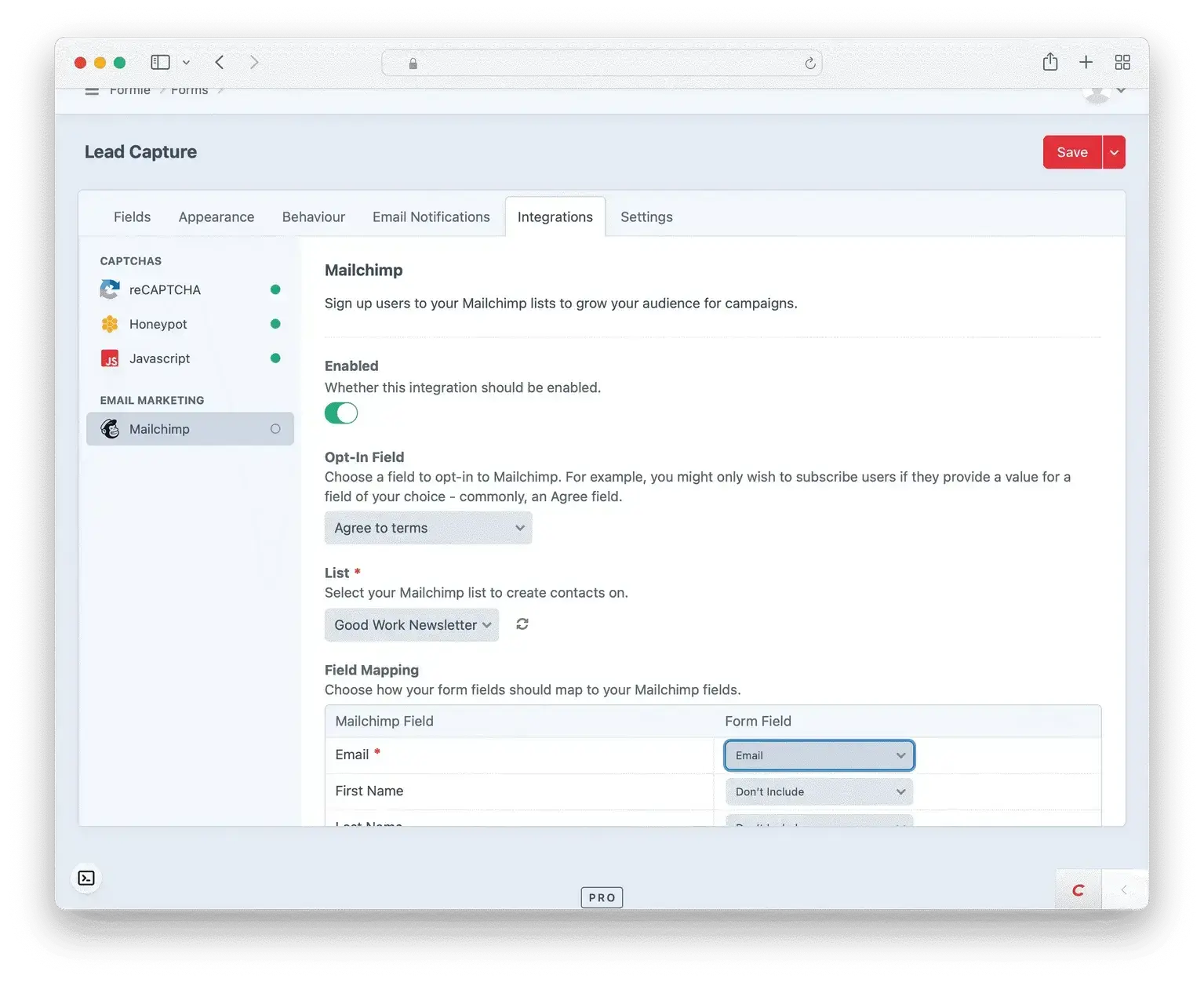 Screenshot of Formie's integrations screen