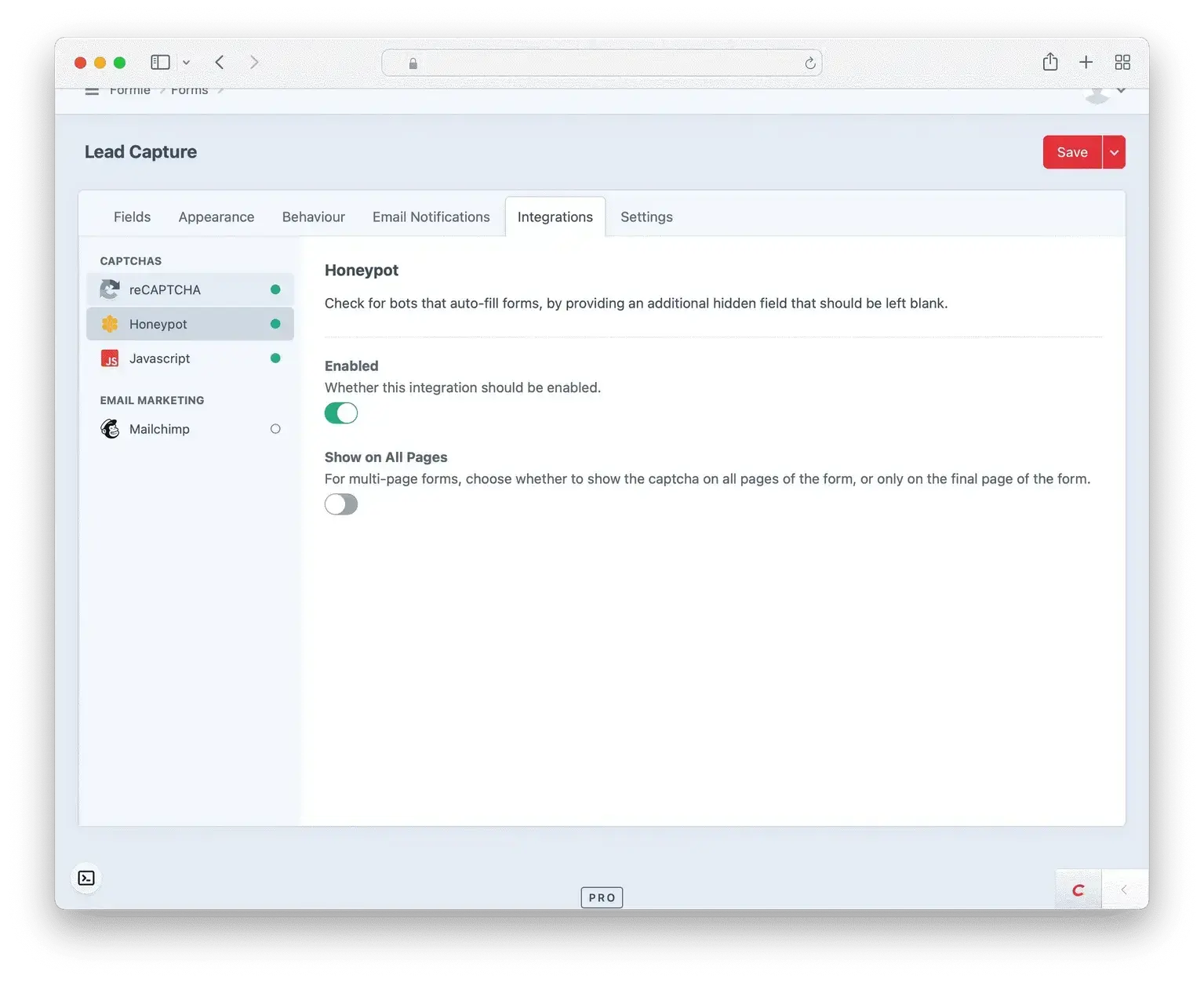 Screenshot showing Formie's Honeypot spam protection settings