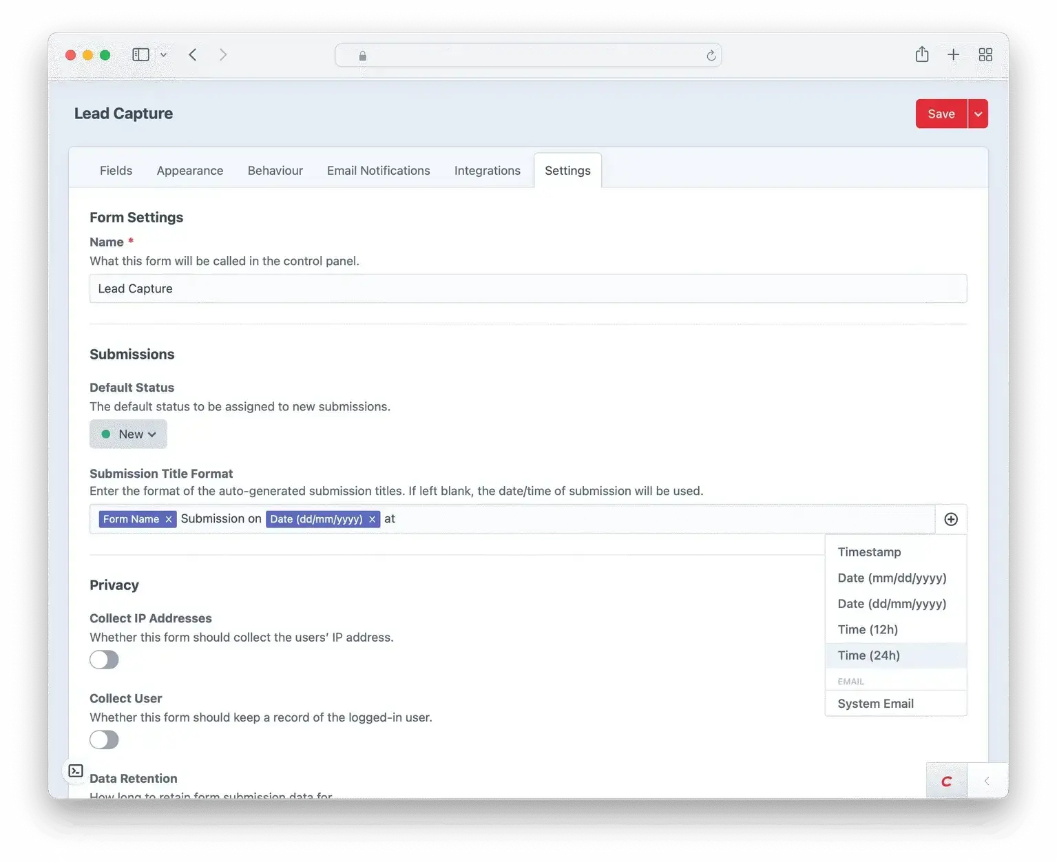 Screenshot showing Formie form settings, including submission title format