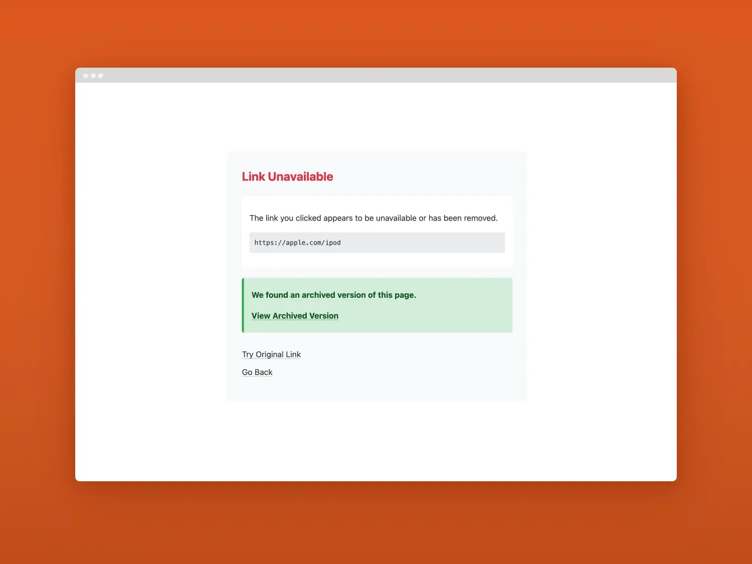Screenshot of the Deadlinks front end confirmation screen